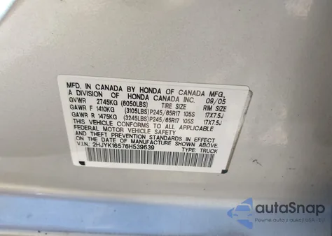 2006 Honda Ridgeline Rtl from USA, damaged, VIN 2HJYK16576H539639